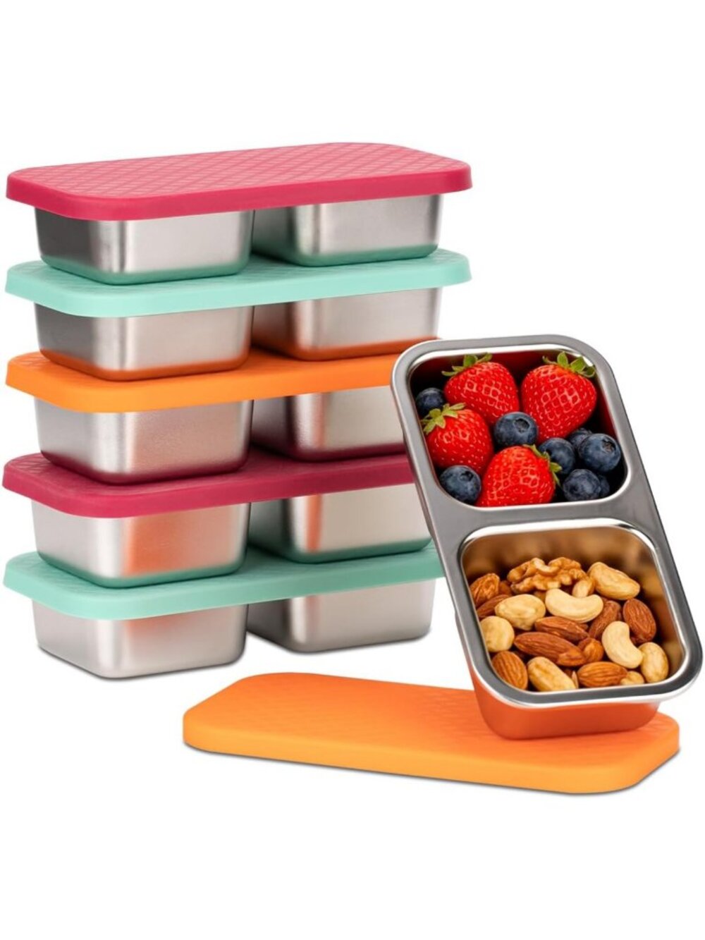 6 Pack Stainless Steel Snack Containers with Lids - 2 Compartment Meal Prep Set